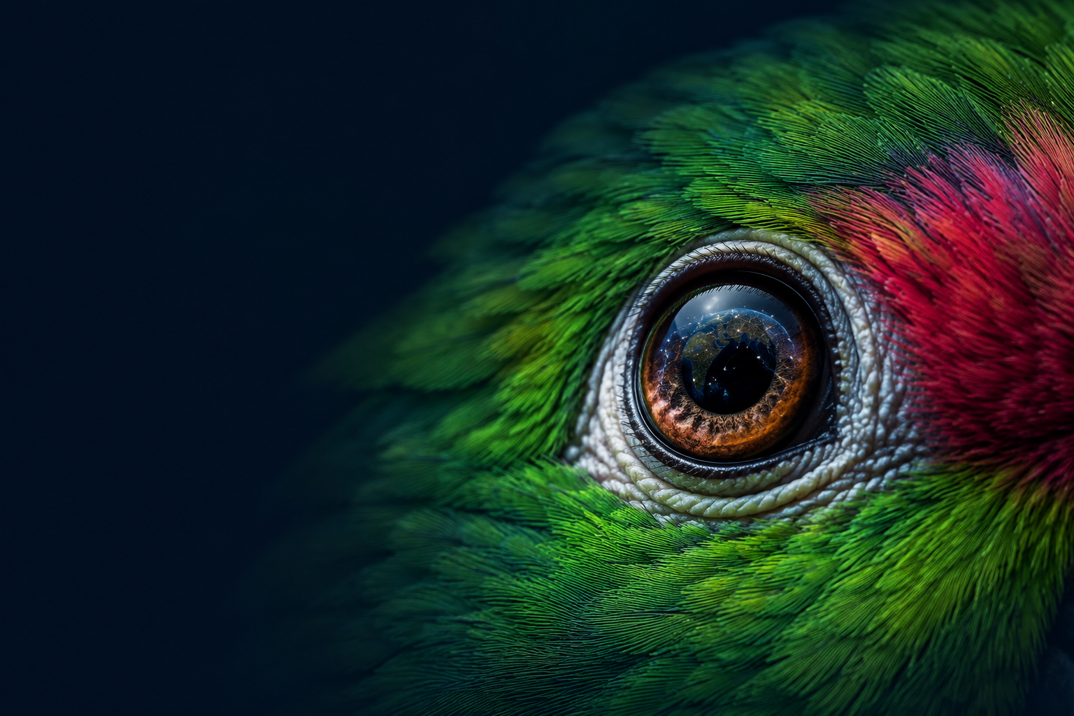 Close-up of a parrot eye reflecting a global intelligence network
